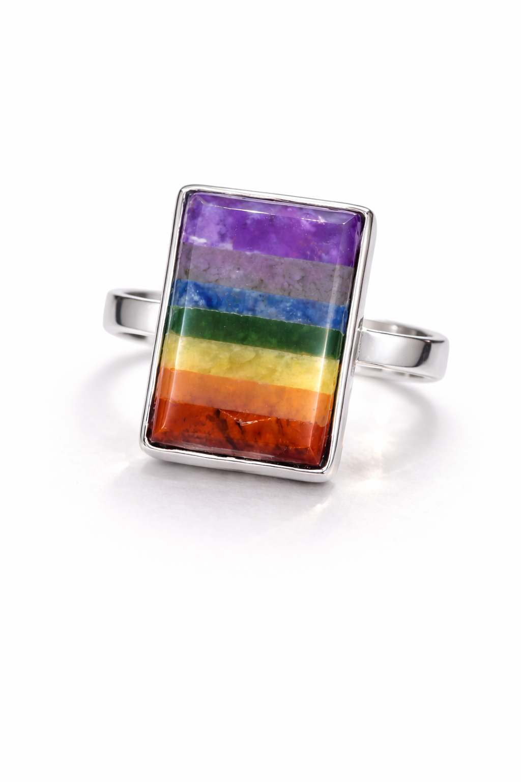 Seven Chakra Retangle Silver Coloured Ring