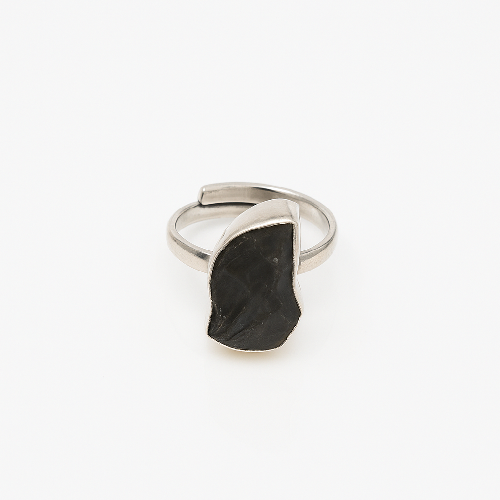 Black Tourmaline Raw Silver Band Ring